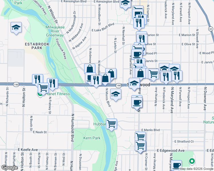 map of restaurants, bars, coffee shops, grocery stores, and more near E Capitol Dr & N Morris Blvd in Shorewood