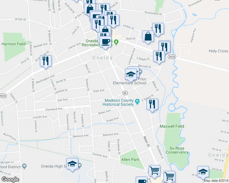 map of restaurants, bars, coffee shops, grocery stores, and more near 345 Broad St in Oneida