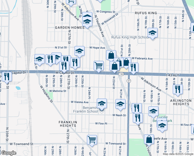 map of restaurants, bars, coffee shops, grocery stores, and more near 3949 North 24th Street in Milwaukee
