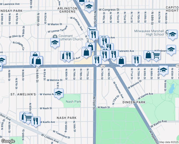 map of restaurants, bars, coffee shops, grocery stores, and more near 3944 N 77th St in Milwaukee