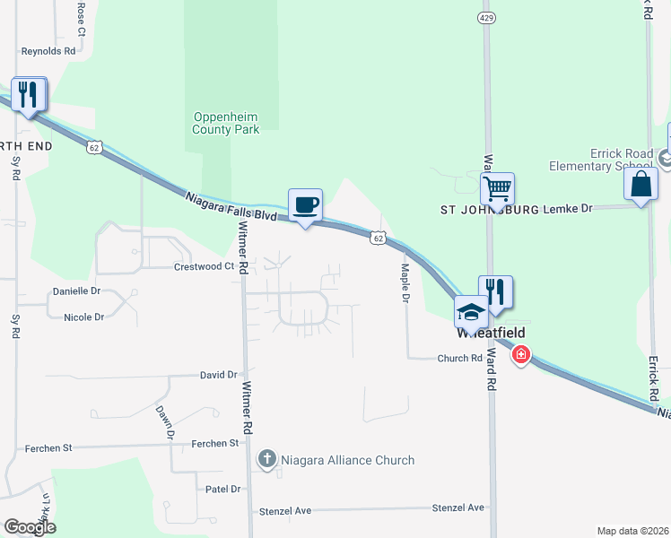 map of restaurants, bars, coffee shops, grocery stores, and more near 2749C Creek View Court in North Tonawanda