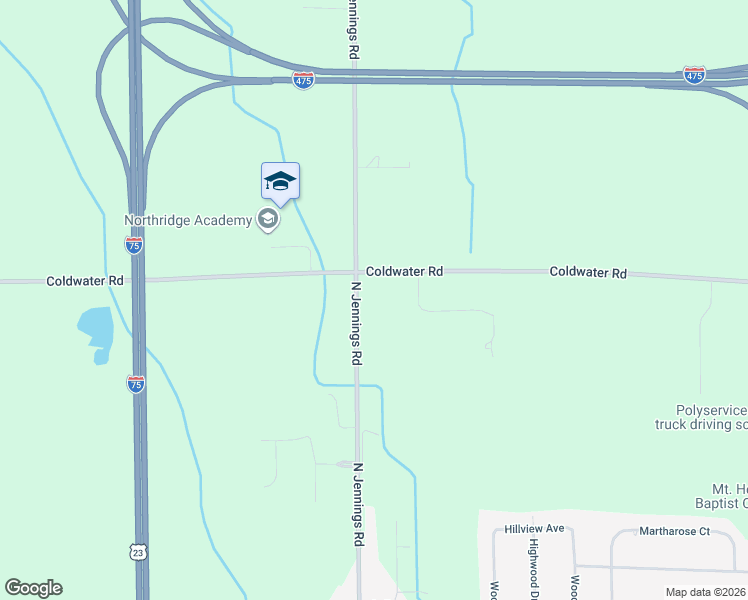 map of restaurants, bars, coffee shops, grocery stores, and more near 5500 N Jennings Rd in Flint