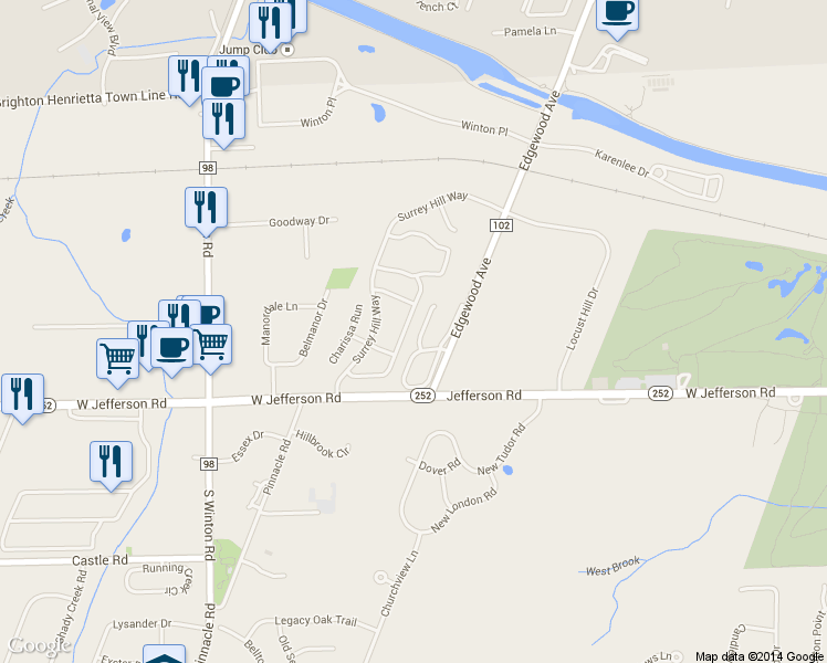 map of restaurants, bars, coffee shops, grocery stores, and more near 15 Waterford Circle in Rochester