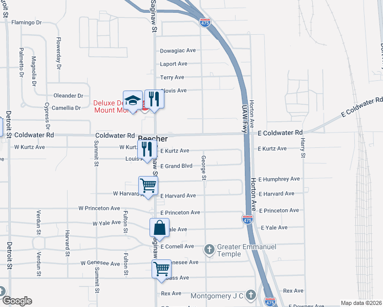 map of restaurants, bars, coffee shops, grocery stores, and more near 1080 East Kurtz Avenue in Flint