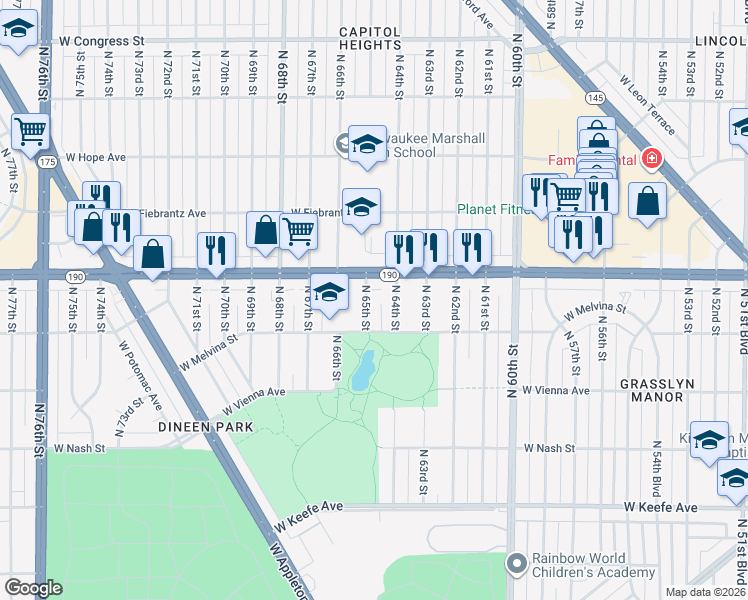 map of restaurants, bars, coffee shops, grocery stores, and more near 3940 North 65th Street in Milwaukee