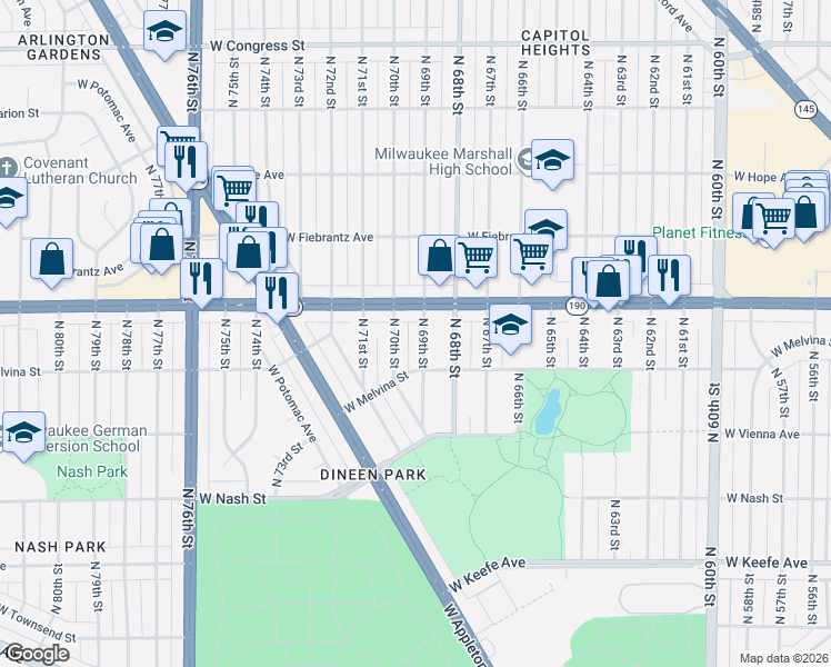 map of restaurants, bars, coffee shops, grocery stores, and more near 3958 North 70th Street in Milwaukee