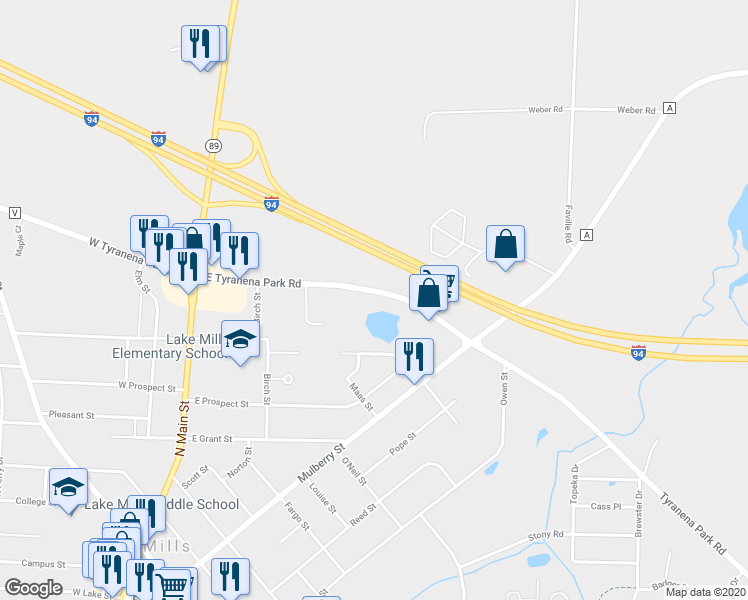 map of restaurants, bars, coffee shops, grocery stores, and more near 310 Tyranena Park Road in Lake Mills