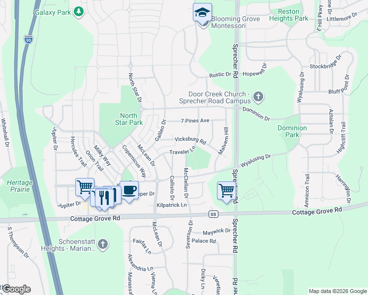 map of restaurants, bars, coffee shops, grocery stores, and more near 710 Traveler Lane in Madison