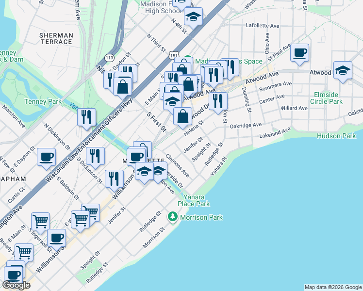 map of restaurants, bars, coffee shops, grocery stores, and more near 415 Walton Place in Madison