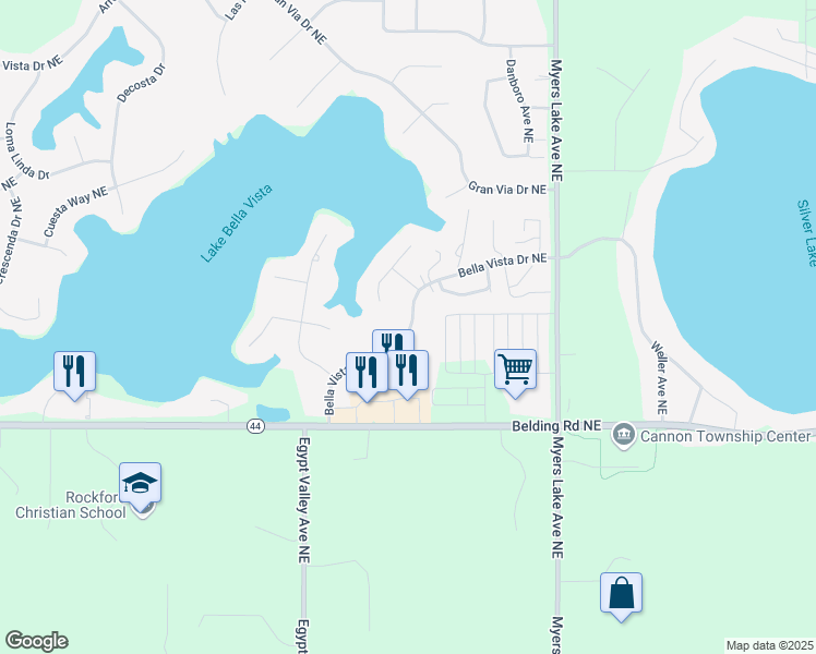 map of restaurants, bars, coffee shops, grocery stores, and more near 6543 Bella Vista Drive Northeast in Rockford