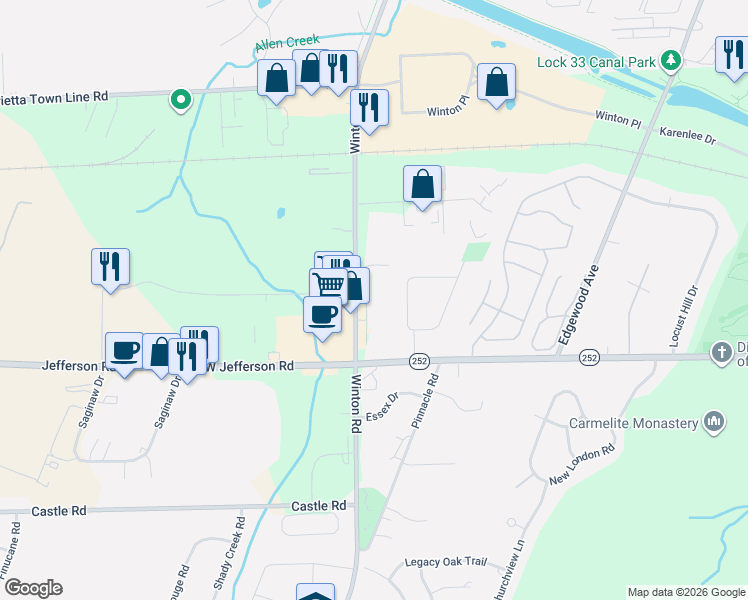 map of restaurants, bars, coffee shops, grocery stores, and more near 3244 South Winton Road in Rochester