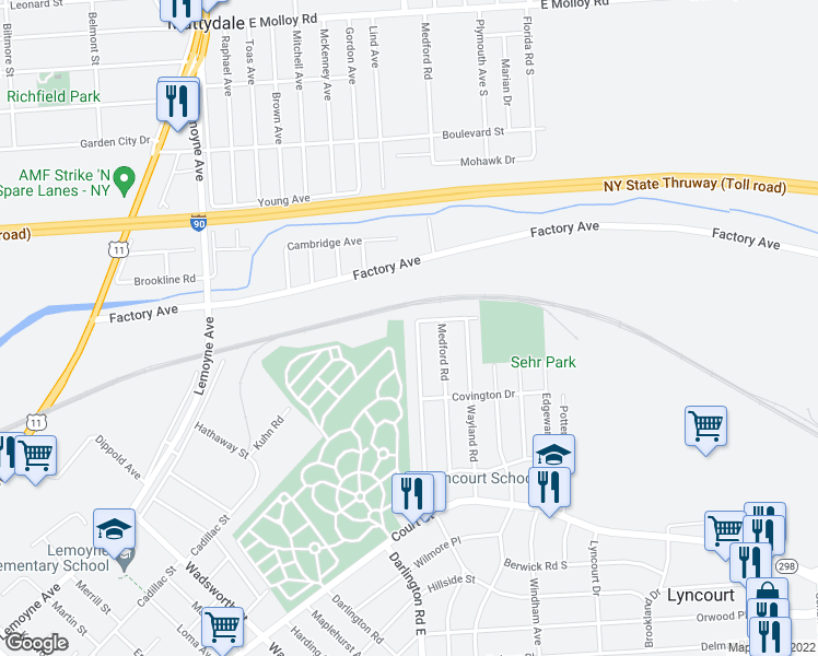 map of restaurants, bars, coffee shops, grocery stores, and more near 367 Roxford Road North in Syracuse