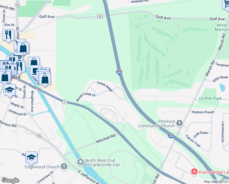 map of restaurants, bars, coffee shops, grocery stores, and more near 135 Wood Creek Drive in Pittsford