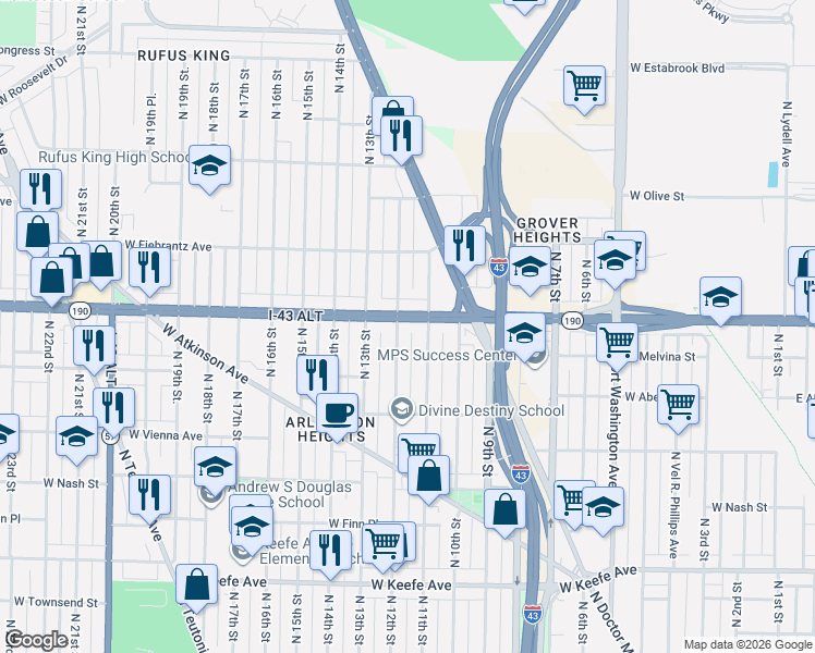 map of restaurants, bars, coffee shops, grocery stores, and more near 1125 West Capitol Drive in Milwaukee