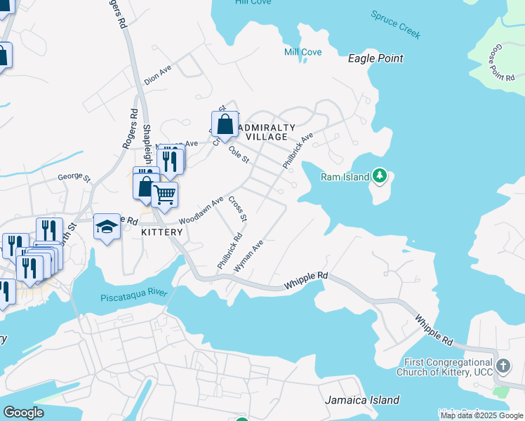 map of restaurants, bars, coffee shops, grocery stores, and more near 39 Wyman Avenue in Kittery