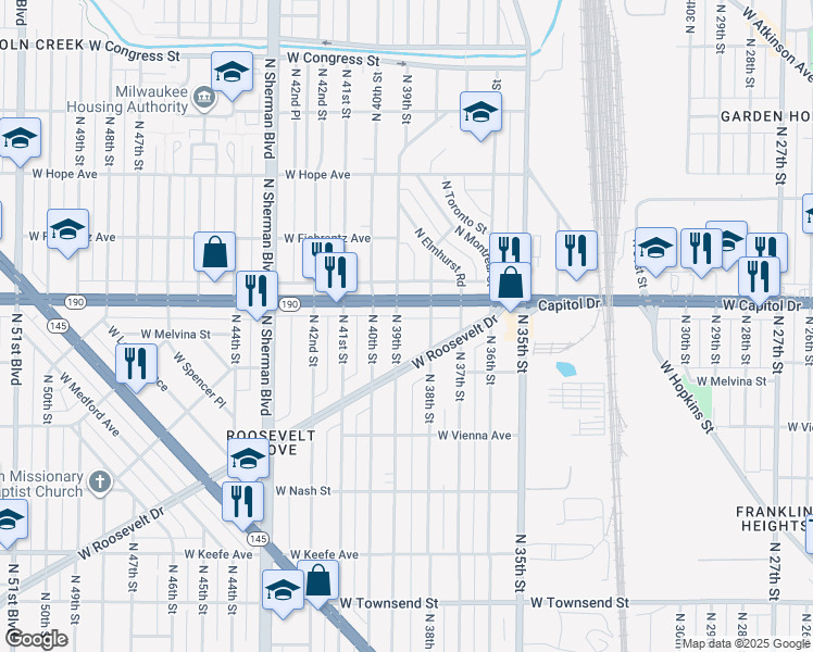 map of restaurants, bars, coffee shops, grocery stores, and more near 3958 North 39th Street in Milwaukee