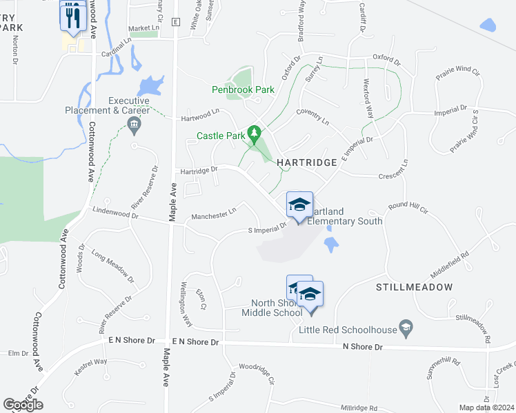 map of restaurants, bars, coffee shops, grocery stores, and more near 612 Dundee Lane in Hartland