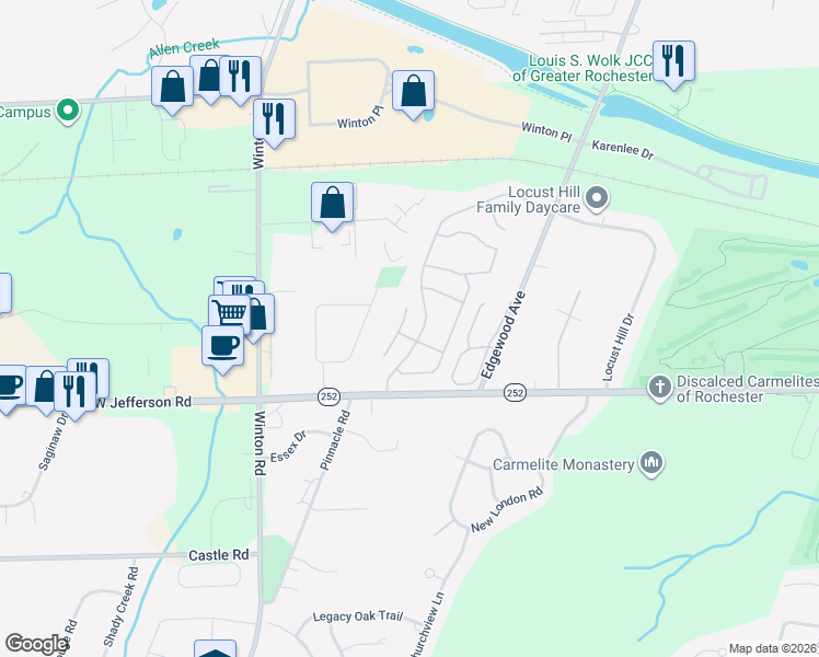 map of restaurants, bars, coffee shops, grocery stores, and more near 188 Surrey Hill Way in Rochester