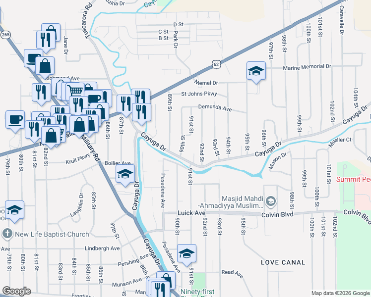 map of restaurants, bars, coffee shops, grocery stores, and more near 1211 90th St in Niagara Falls