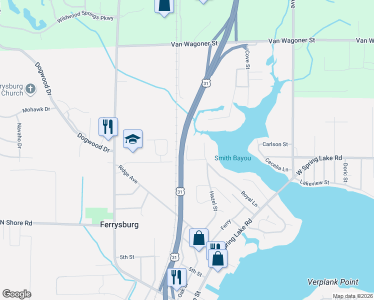 map of restaurants, bars, coffee shops, grocery stores, and more near 17099 Roosevelt Road in Spring Lake