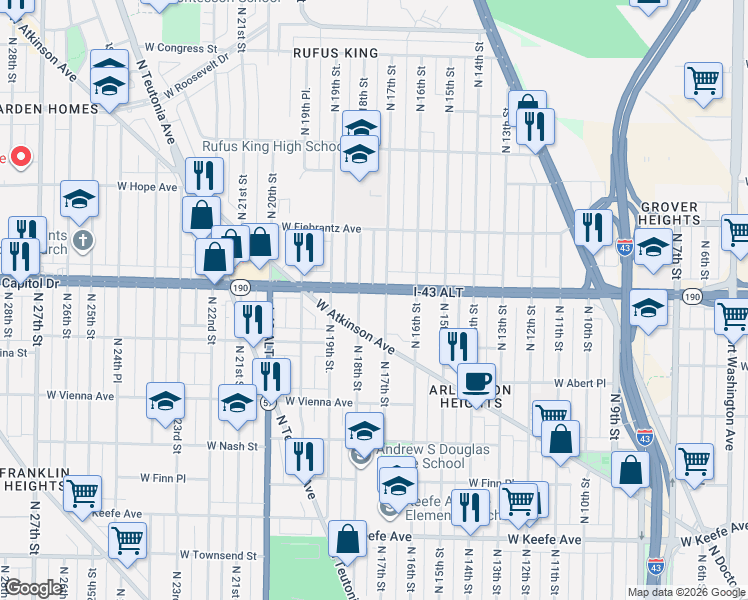 map of restaurants, bars, coffee shops, grocery stores, and more near 1715 West Capitol Drive in Milwaukee