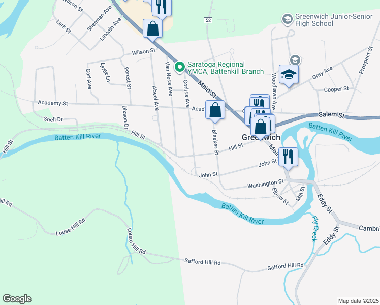 map of restaurants, bars, coffee shops, grocery stores, and more near 63 Hill Street in Greenwich