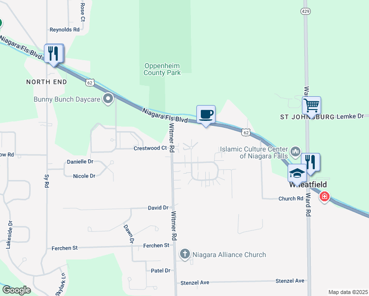 map of restaurants, bars, coffee shops, grocery stores, and more near 2712 Oppenheim Court in North Tonawanda