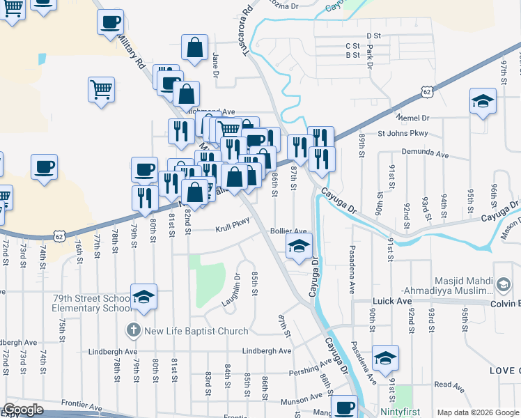 map of restaurants, bars, coffee shops, grocery stores, and more near 1231 Military Road in Niagara Falls