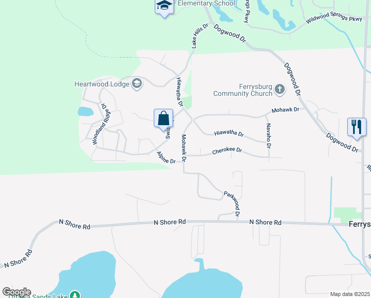 map of restaurants, bars, coffee shops, grocery stores, and more near 18165 Mohawk Drive in Spring Lake