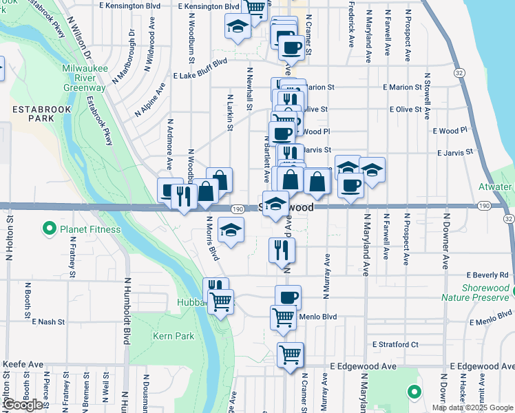 map of restaurants, bars, coffee shops, grocery stores, and more near in Shorewood