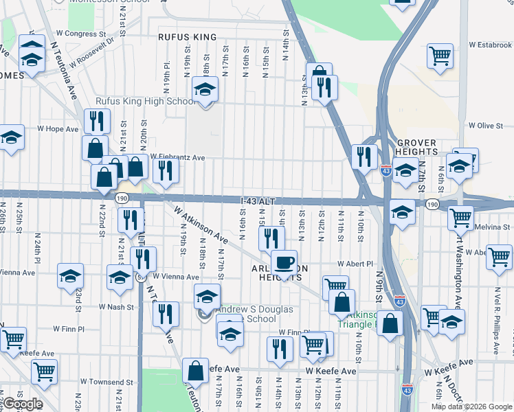 map of restaurants, bars, coffee shops, grocery stores, and more near 3965 North 15th Street in Milwaukee