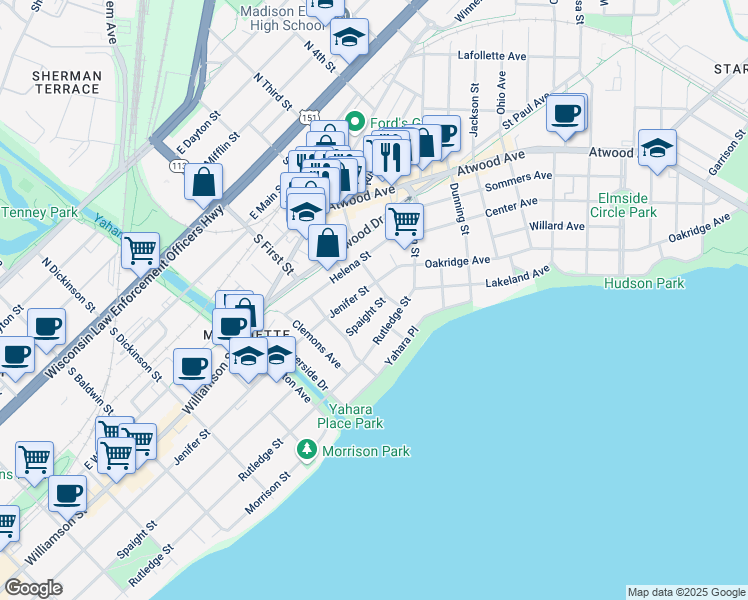 map of restaurants, bars, coffee shops, grocery stores, and more near 1837 Jenifer Street in Madison