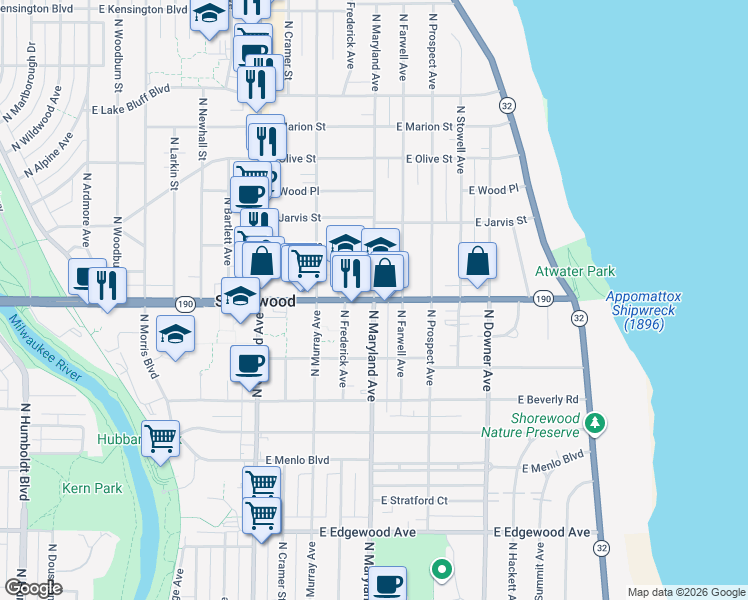 map of restaurants, bars, coffee shops, grocery stores, and more near E Capitol Dr & N Maryland Ave in Shorewood