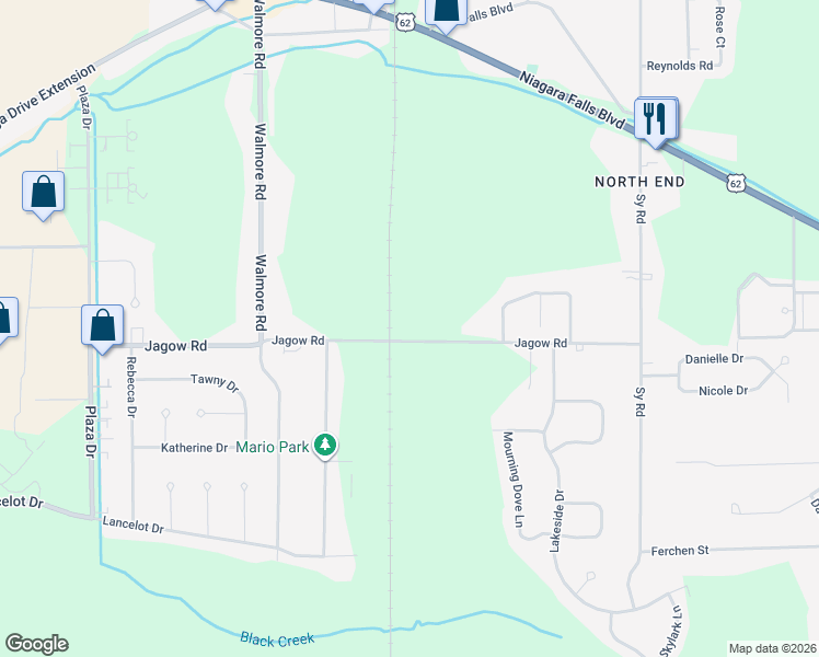 map of restaurants, bars, coffee shops, grocery stores, and more near 2347 Jagow Road in Niagara Falls