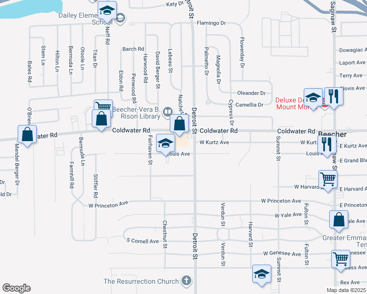 map of restaurants, bars, coffee shops, grocery stores, and more near 1356 Louis Avenue in Flint