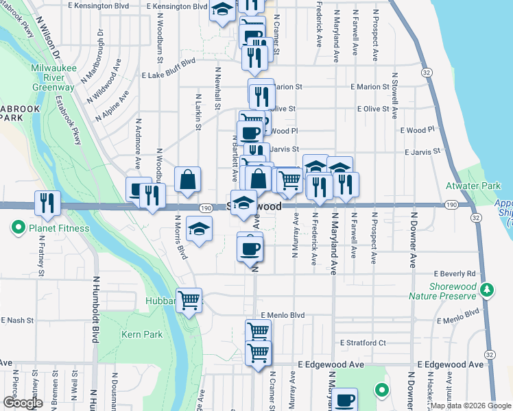 map of restaurants, bars, coffee shops, grocery stores, and more near E Capitol Dr & N Oakland Ave in Shorewood