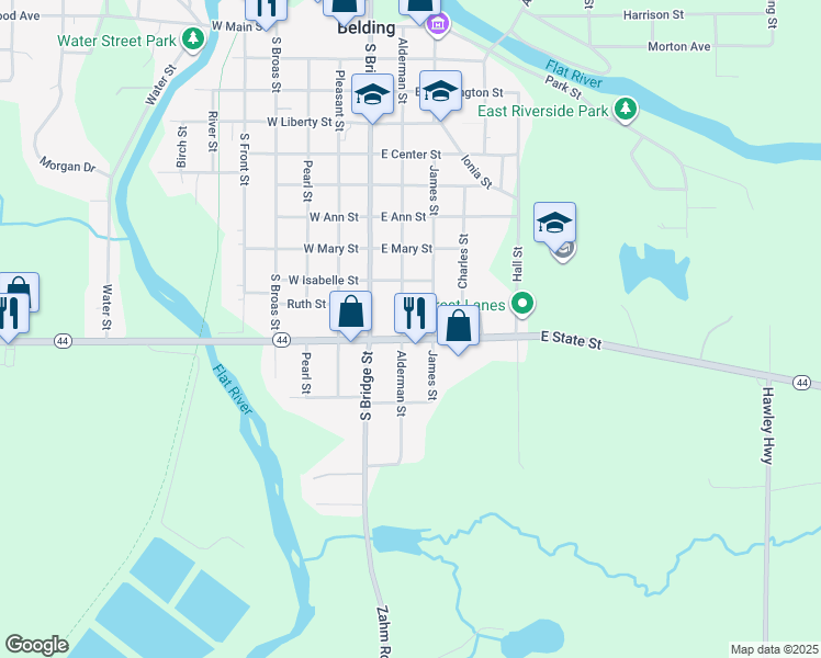 map of restaurants, bars, coffee shops, grocery stores, and more near 204 East State Street in Belding