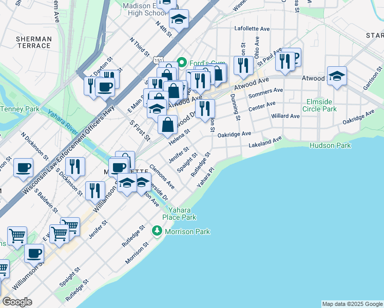 map of restaurants, bars, coffee shops, grocery stores, and more near 1870 Rutledge Street in Madison