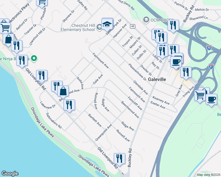 map of restaurants, bars, coffee shops, grocery stores, and more near 301 Beechwood Avenue in Liverpool