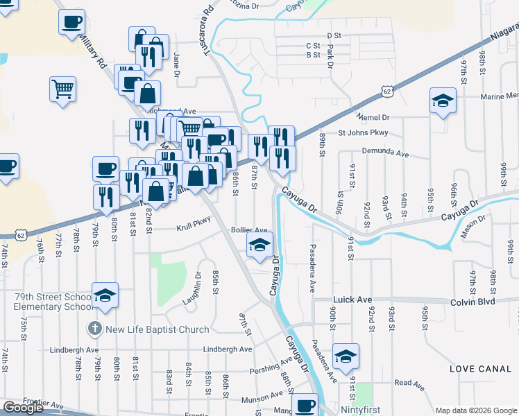 map of restaurants, bars, coffee shops, grocery stores, and more near 1224 Cayuga Drive in Niagara Falls