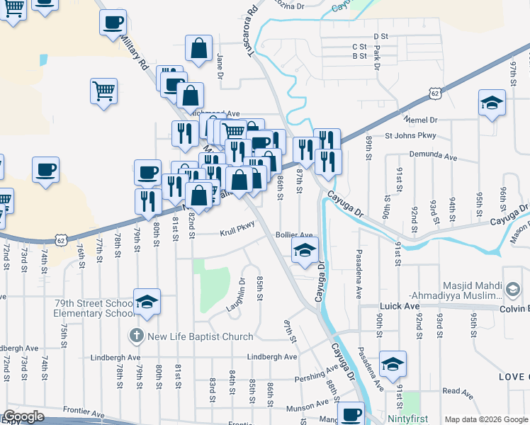 map of restaurants, bars, coffee shops, grocery stores, and more near 1231 Military Road in Niagara Falls