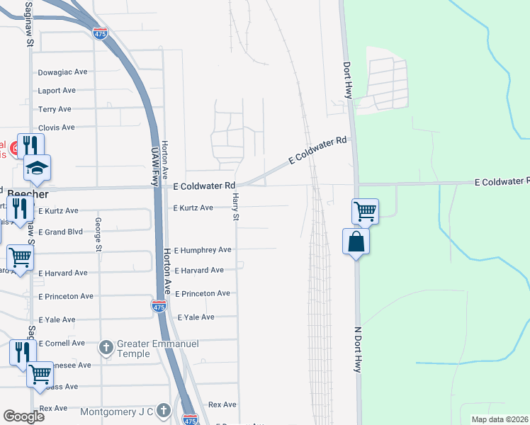 map of restaurants, bars, coffee shops, grocery stores, and more near 1371 East Grand Boulevard in Flint
