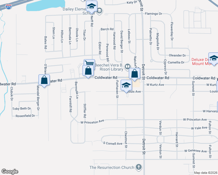 map of restaurants, bars, coffee shops, grocery stores, and more near 1482 Louis Avenue in Flint