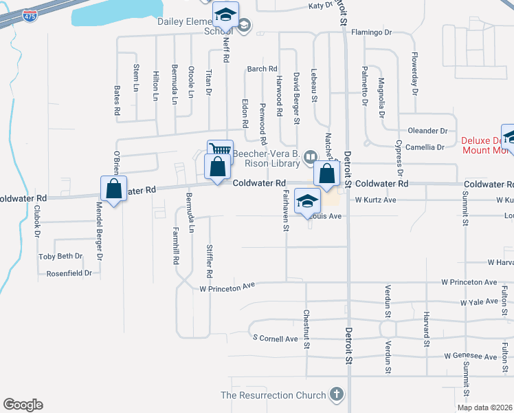 map of restaurants, bars, coffee shops, grocery stores, and more near 1482 Louis Avenue in Flint