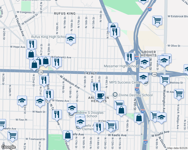 map of restaurants, bars, coffee shops, grocery stores, and more near 3961 North 14th Street in Milwaukee