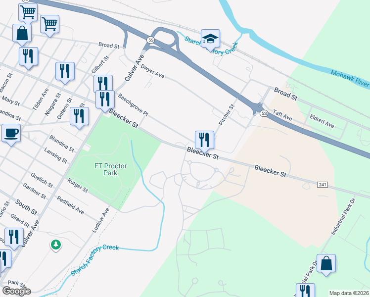 map of restaurants, bars, coffee shops, grocery stores, and more near 2150 Bleecker Street in Utica