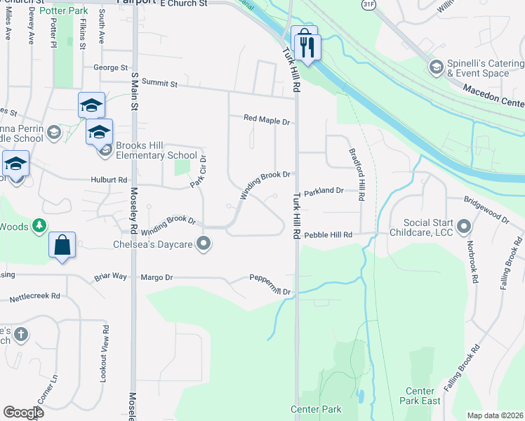 map of restaurants, bars, coffee shops, grocery stores, and more near 43 Misty Pine Road in Fairport