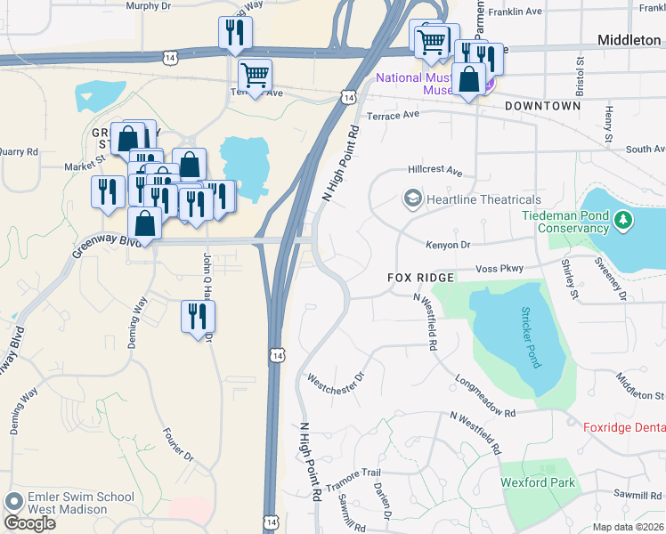 map of restaurants, bars, coffee shops, grocery stores, and more near 1501 Sunset Court in Middleton