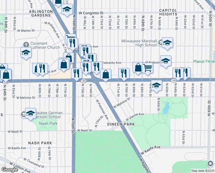 map of restaurants, bars, coffee shops, grocery stores, and more near 7200 West Chapman Place in Milwaukee