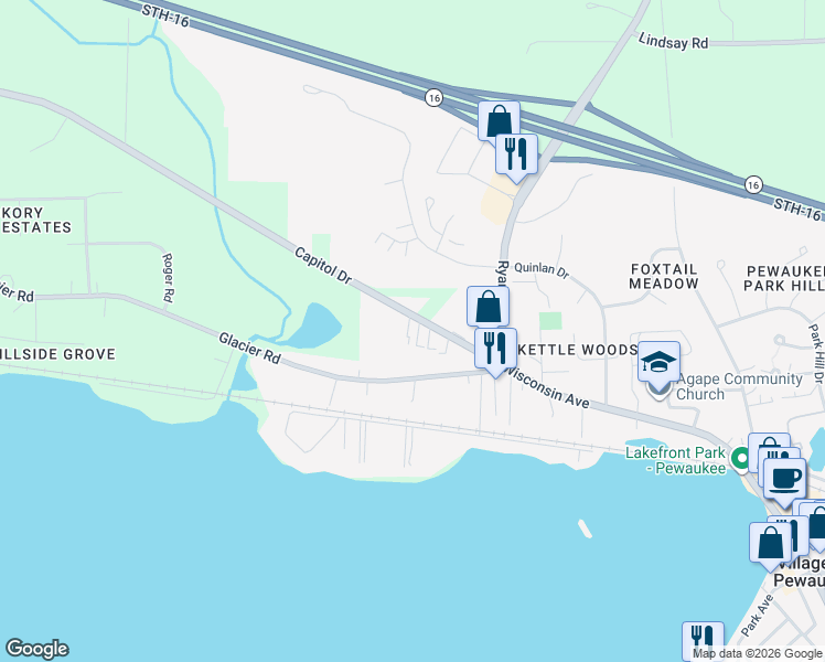 map of restaurants, bars, coffee shops, grocery stores, and more near 760 West Wisconsin Avenue in Pewaukee